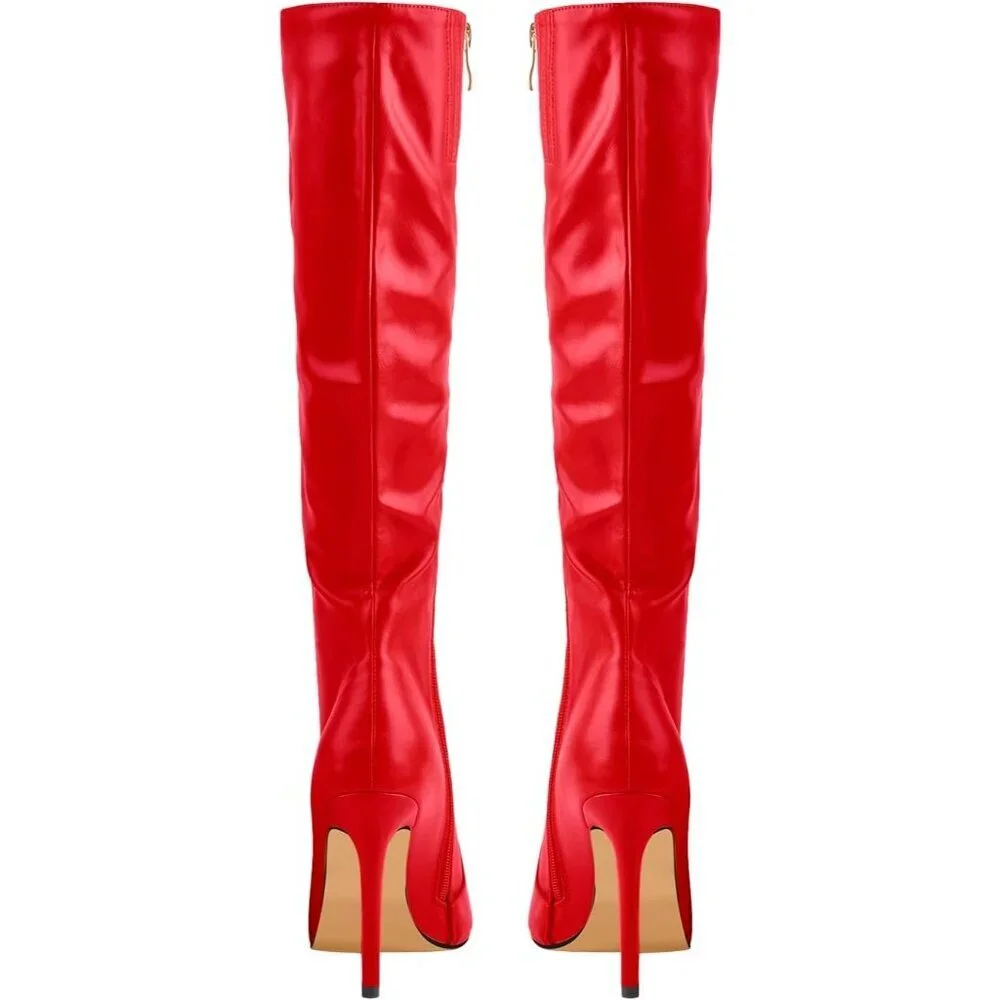 Women's Fux- Leather Red Knee High Pointed Toe Stiletto High Heel Stylish Boot